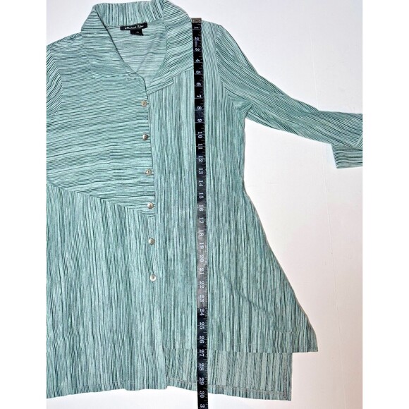 Michael Tyler Womens Small Green Striped Button Front Blouse Asymmetrical Hem - Picture 12 of 14